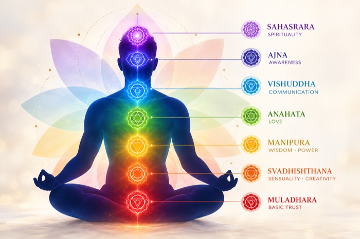 Illustration of the seven chakra points along the body, labelled with their Sanskrit names
