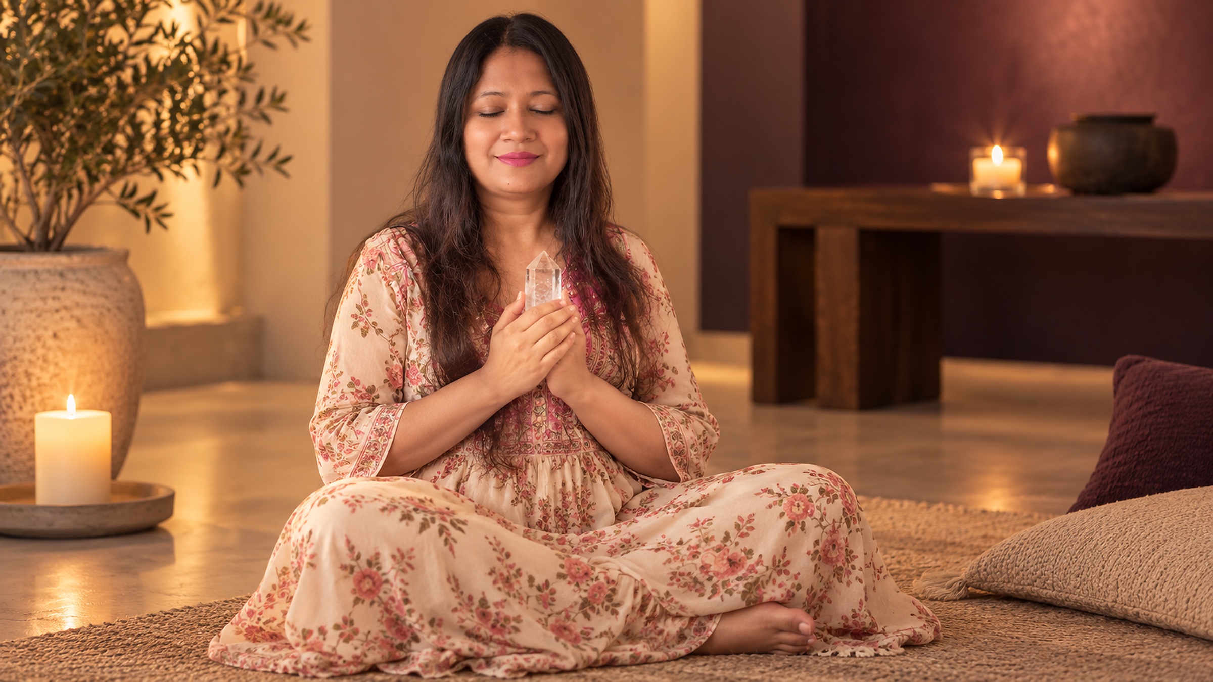 Keerti Chavan holding a clear quartz crystal in a quiet, candlelit room